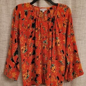 Bayla Jane 100% Silk Blouse|Orange Abstract Print|Boho Chic Flowy Top